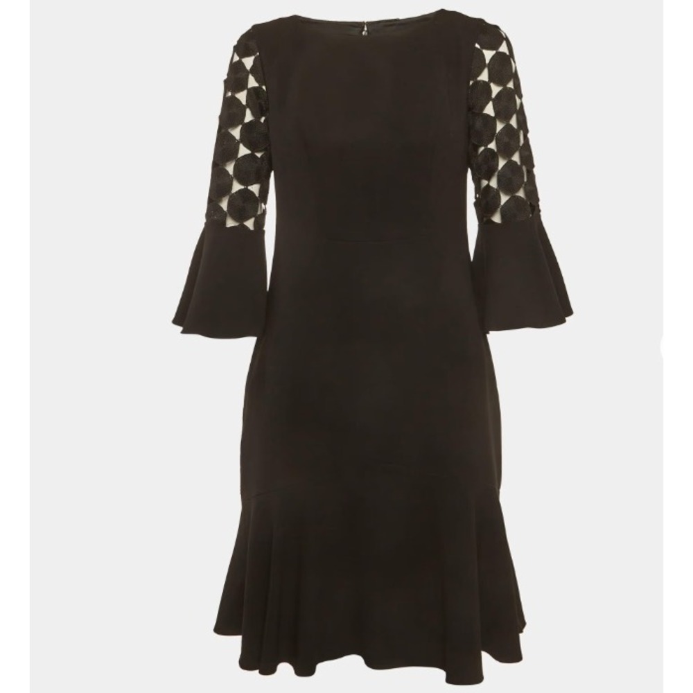 Elie Tahari Dress Small Black Circle Lace Bell Sleeve Ruffle Hem Chic LBD Guest